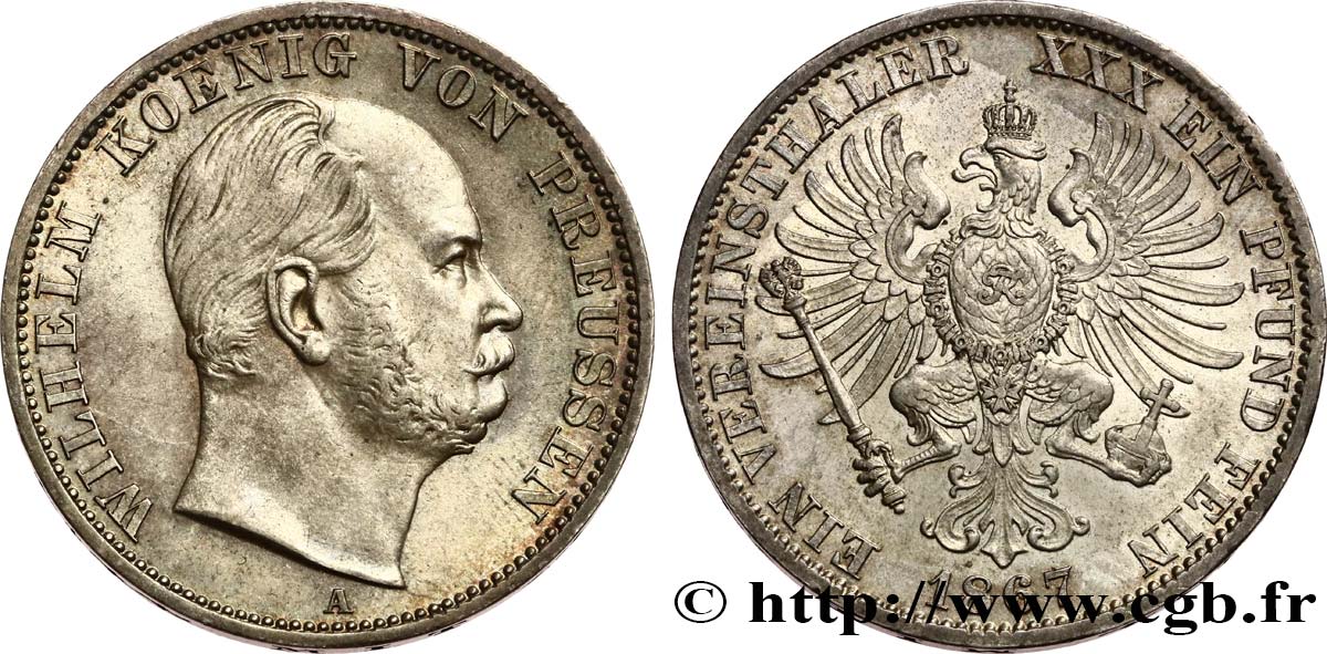GERMANY - PRUSSIA 1 Thaler Guillaume 1867 Berlin XF/AU 