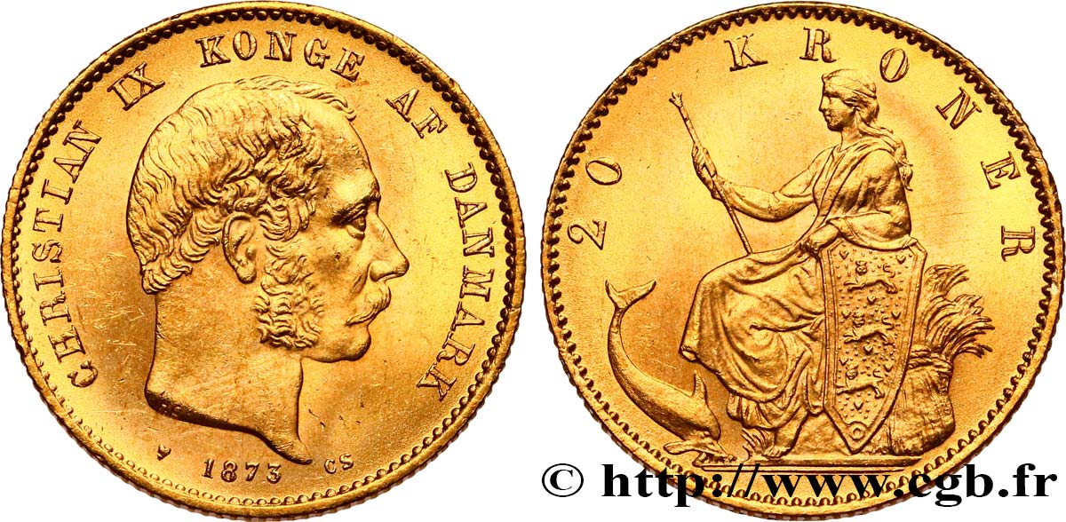 DENMARK 20 Kroner or Christian IX 1873 Copenhague AU 