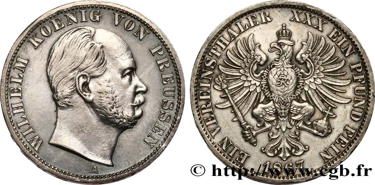 GERMANY - PRUSSIA 1 Thaler Guillaume 1867 Berlin XF/AU 