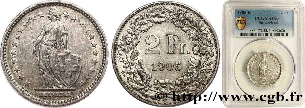 SWITZERLAND 2 Francs Helvetia 1905 Berne AU53 