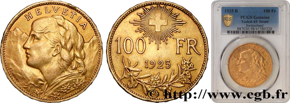 SWITZERLAND 100 Francs  Vreneli  1925 Berne AU PCGS