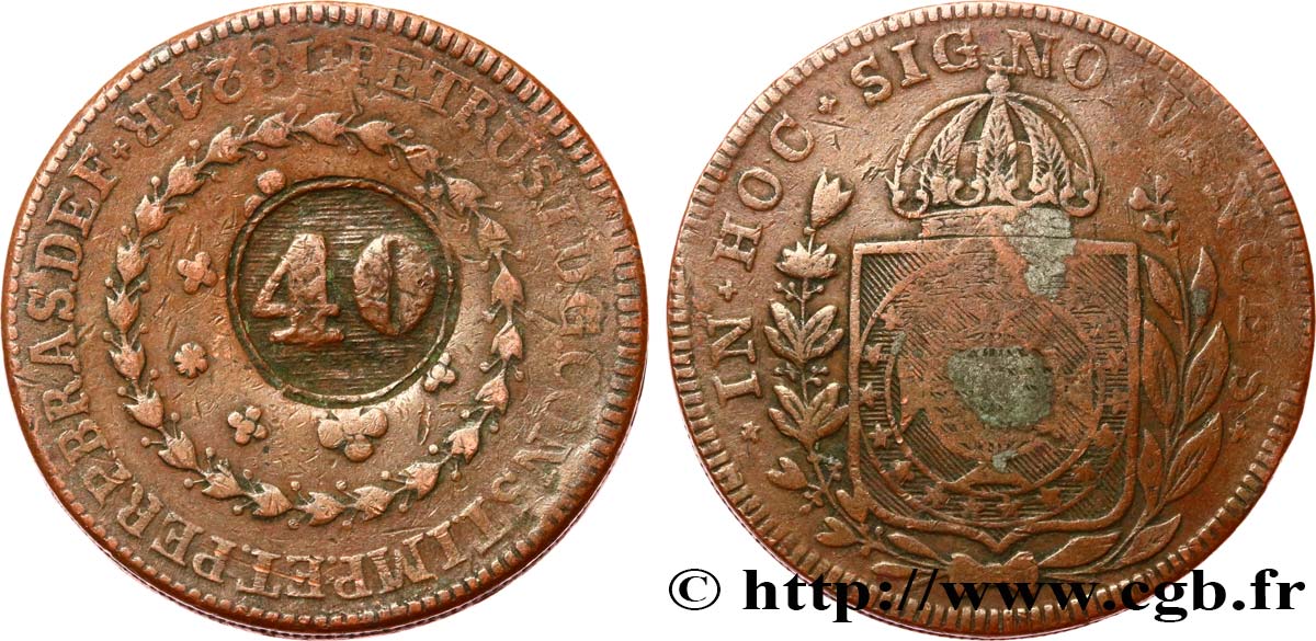 BRÉSIL 40 Réis Pierre II du Brésil contremarqué sur une 80 Réis 1824 (1835) Rio de Janeiro TB+ 