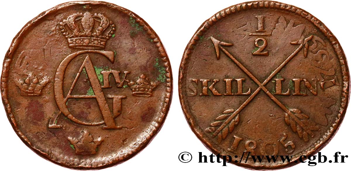 SUECIA 1/2 Skilling monogramme du roi Gustave IV Adolphe 1805  BC+ 