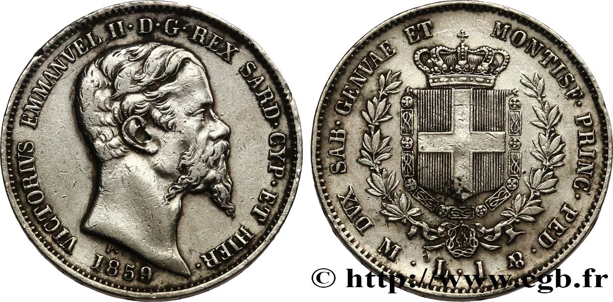 ITALY - KINGDOM OF SARDINIA - VICTOR-EMMANUEL II 1 Lire  1859 Milan XF 