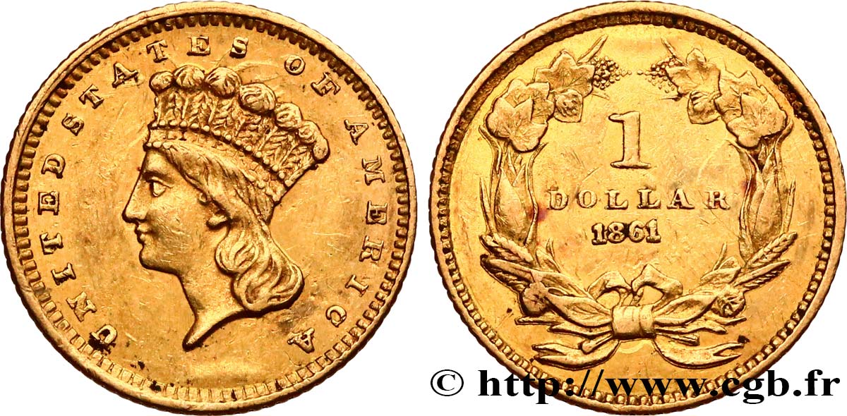 ÉTATS-UNIS D AMÉRIQUE 1 Dollar”Indian Princess”, tête large 1861 Philadelphie TTB 