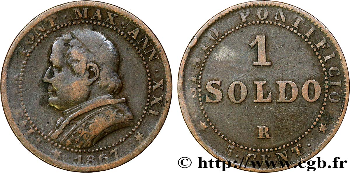 VATIKANSTAAT UND KIRCHENSTAAT 1 Soldo an XXI buste large 1867 Rome fSS 