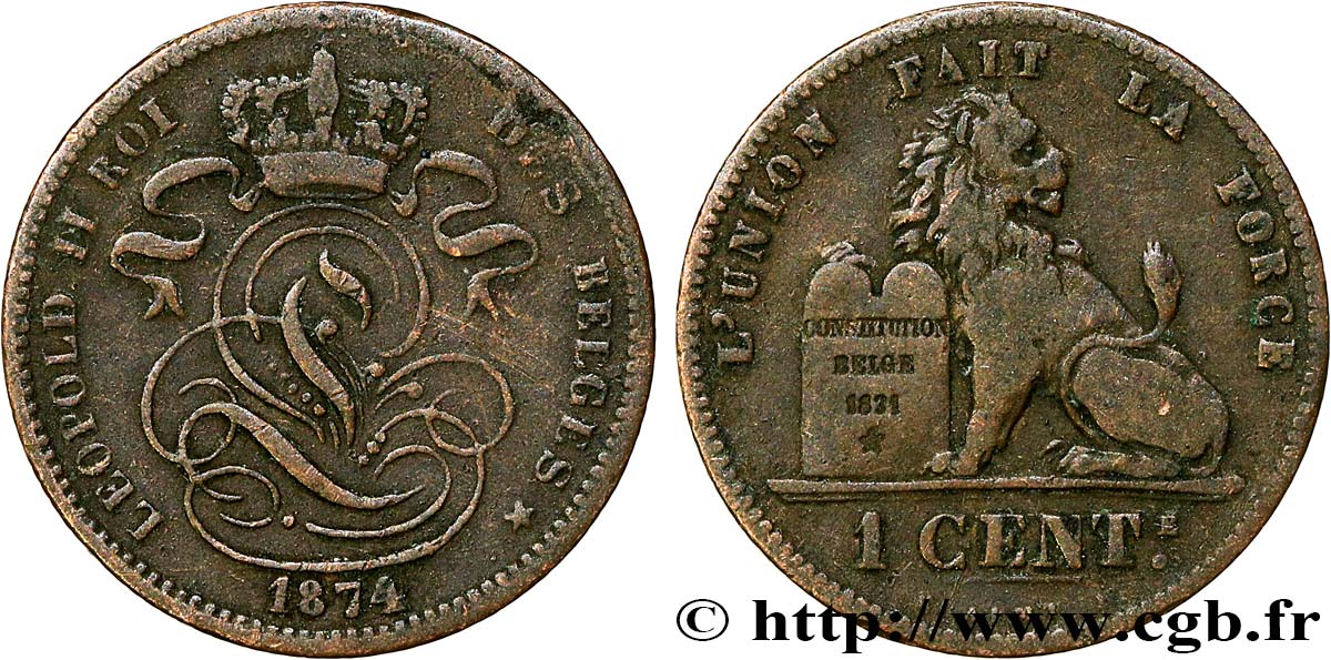 BELGIEN 1 Centime lLéopold Ier 1874  SS 