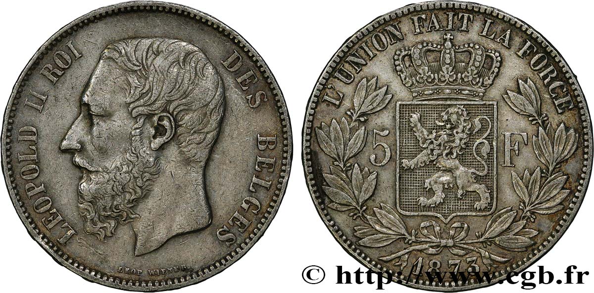 BELGIQUE 5 Francs Léopold II 1873  TTB 