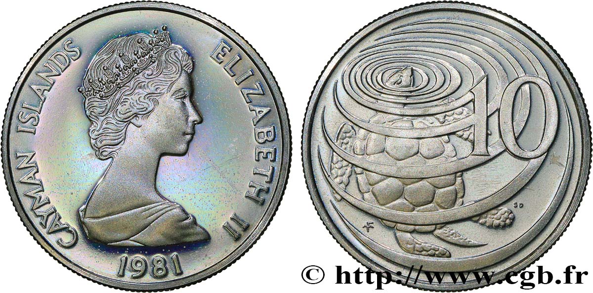 CAYMANS ISLANDS 10 Cents Proof Elisabeth II / tortue 1981 Cardiff, British Royal Mint MS 