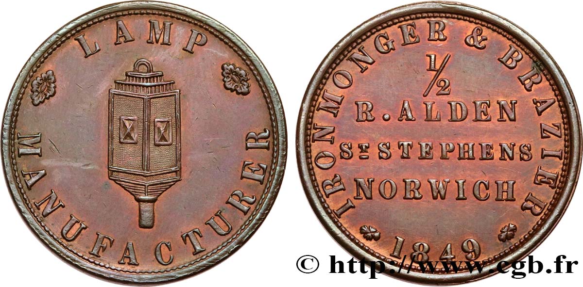 BRITISH TOKENS OR JETTONS 1/2 Penny, Norwich, R. Alden 1849  AU 