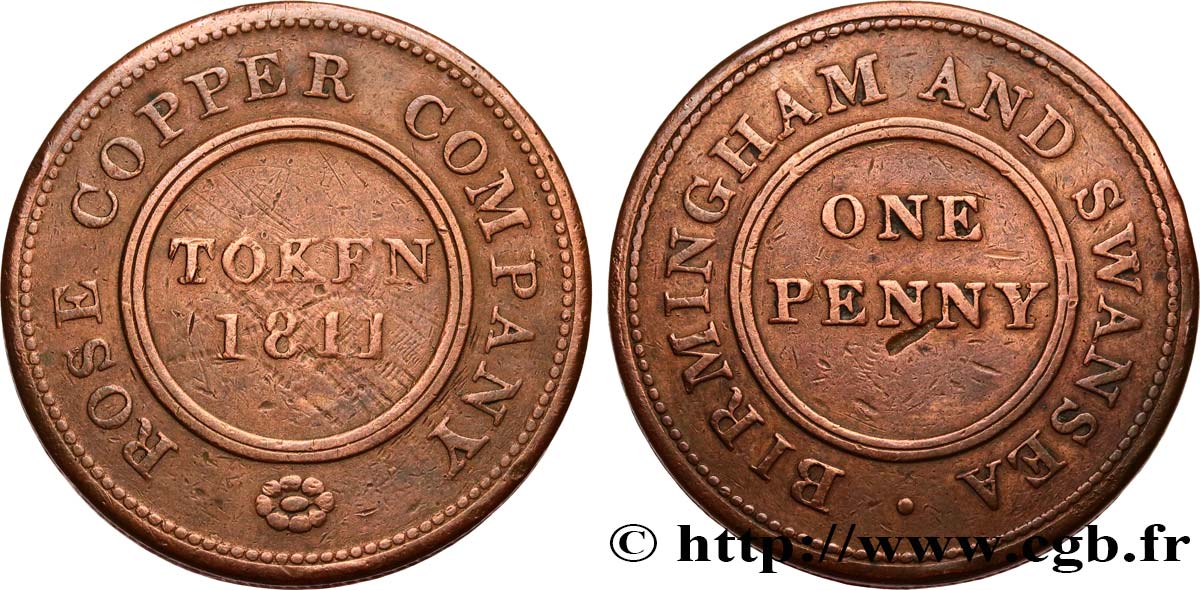 REINO UNIDO (TOKENS) 1 Penny Birmingham (Warwickshire), Birmingham and Swansea, Rose Copper Company, rose 1811  MBC 