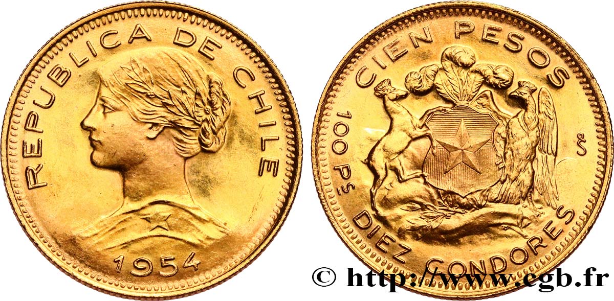 CHILE 100 Pesos or ou 10 condores en or, 2e type 1954 Santiago AU 