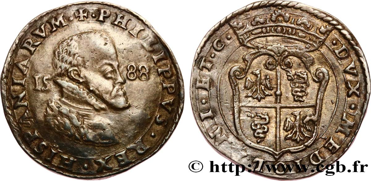 ITALIA - MILÁN Demi-Scudo (Mezzo-Scudo) Philippe II 1588 Milan MBC+ 