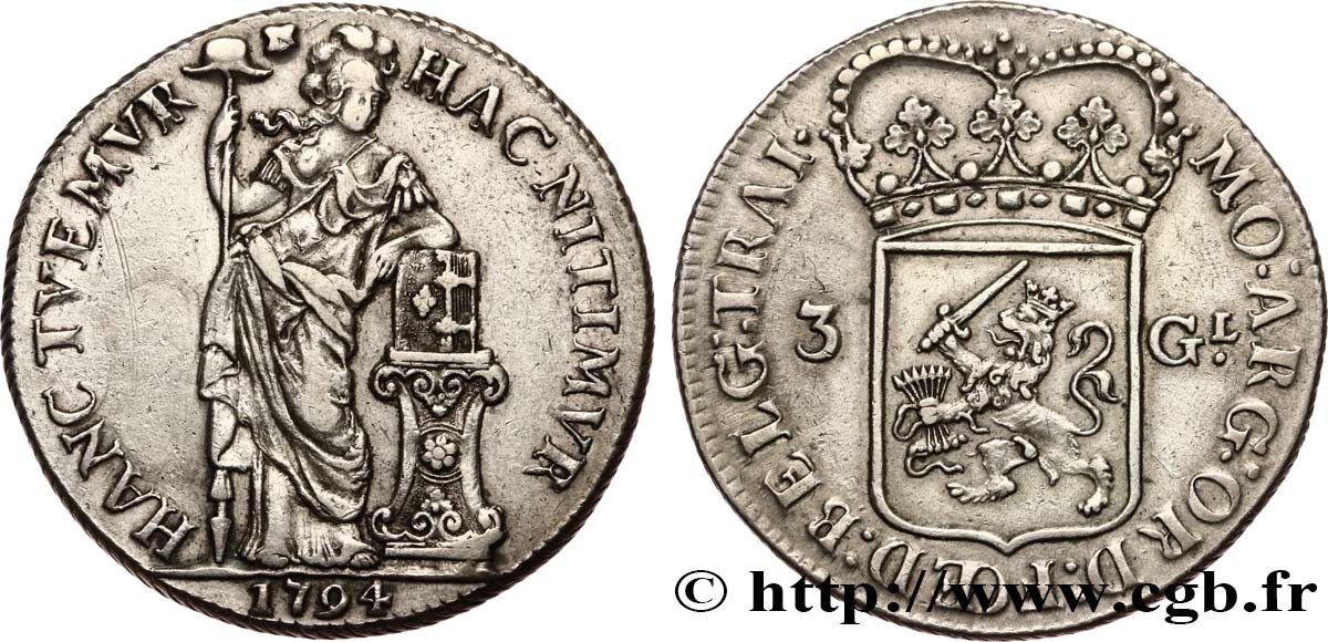 NETHERLANDS - RÉPUBLIQUE BATAVE 3 Gulden ou triple florin néerlandais 1794 Utrecht XF/AU 