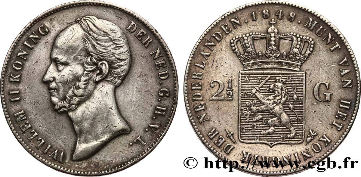 PAYS-BAS - ROYAUME DES PAYS-BAS - GUILLAUME II 2 1/2 Gulden  1848 Utrecht SS 