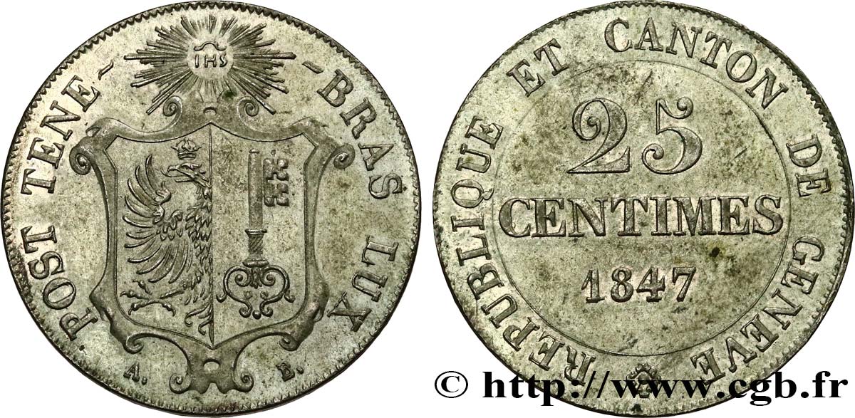 SVIZZERA - REPUBBLICA DE GINEVRA 25 Centimes 1847  SPL 