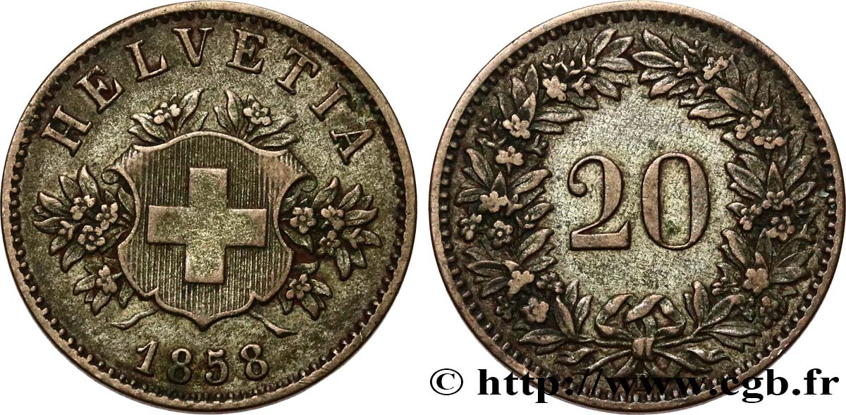 SUISSE 20 Centimes (Rappen) croix suisse 1858 Berne TTB 