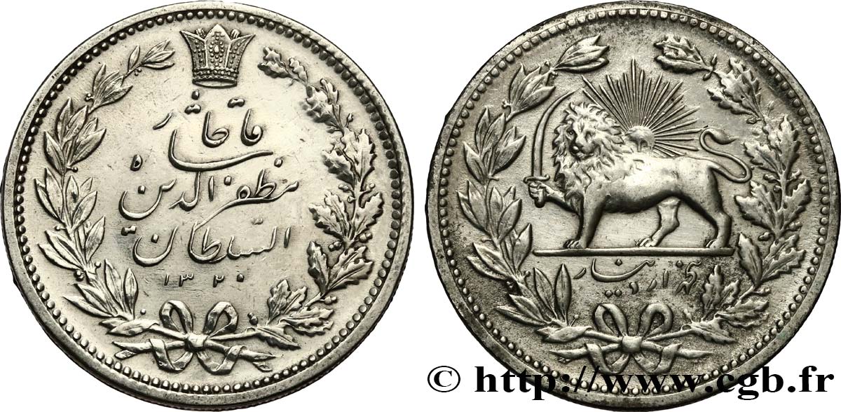 IRAN 5000 Dinars (5 Kran) frappe pour Muzaffar al-Din Shah AH 1320 (1902)  SUP 
