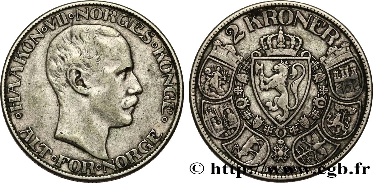 NORVÈGE 2 Kroner Haakon VII 1907 Konsberg TTB 