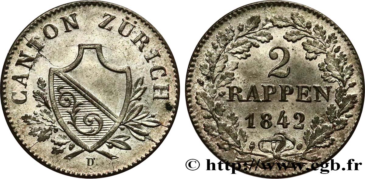 SVIZZERA - CANTON ZURIGO 2 Rappen 1842  MS 