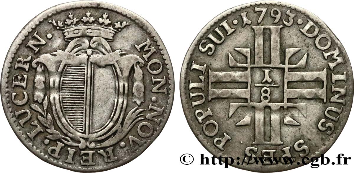 SWITZERLAND - CANTON OF LUCERNE 1/8 Gulden ou 5 Schilling 1793 Lucerne XF 