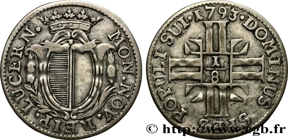 SWITZERLAND - CANTON OF LUCERNE 1/8 Gulden ou 5 Schilling 1793 Lucerne XF 