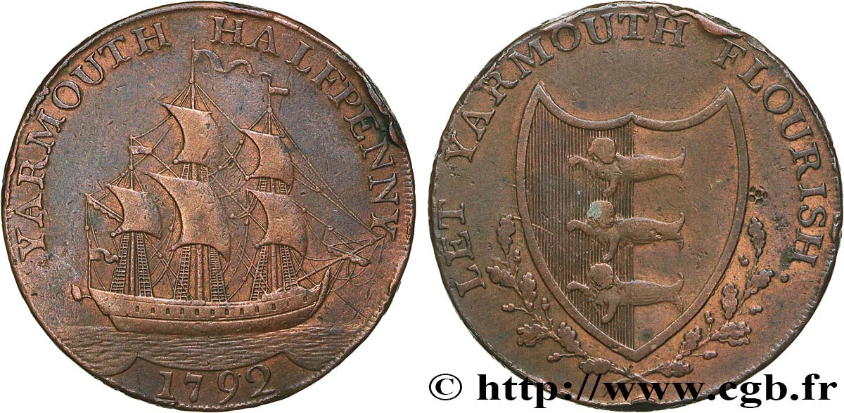 BRITISH TOKENS OR JETTONS 1/2 Penny YARMOUTH (Norfolk) 1792  XF 