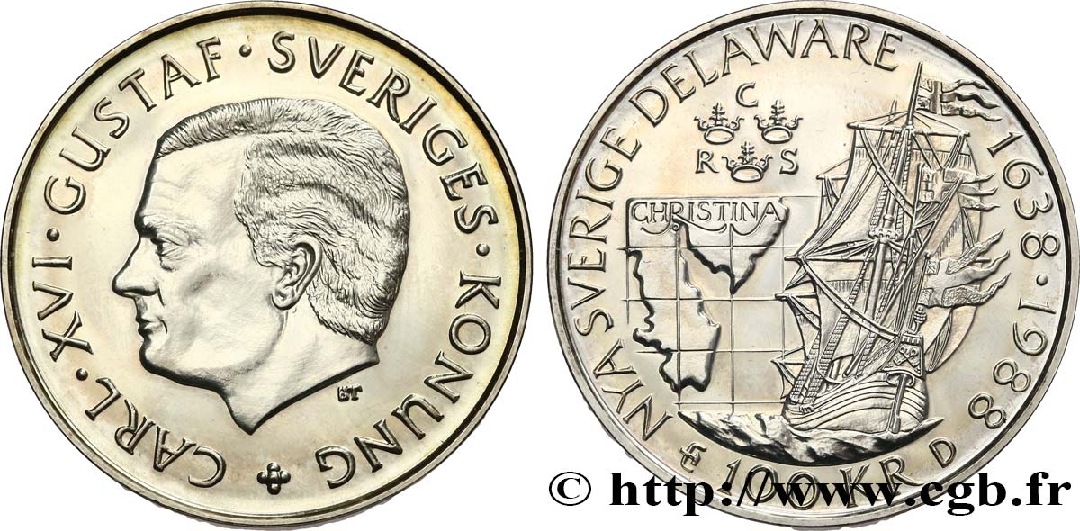 SUÈDE 100 Kronor Proof 300e anniversaire de la fondation de la Nouvelle-Suède (Delaware) 1988  SPL 