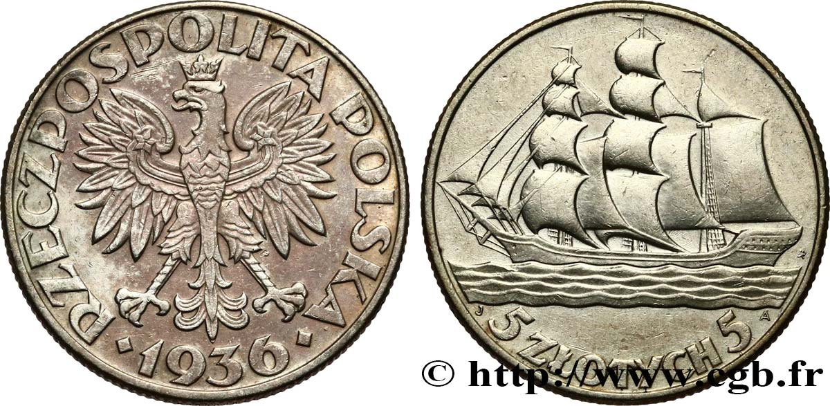 POLOGNE 5 Zlotych aigle / 15e anniversaire du port de Gdynia, voilier 1936 Varsovie SUP 