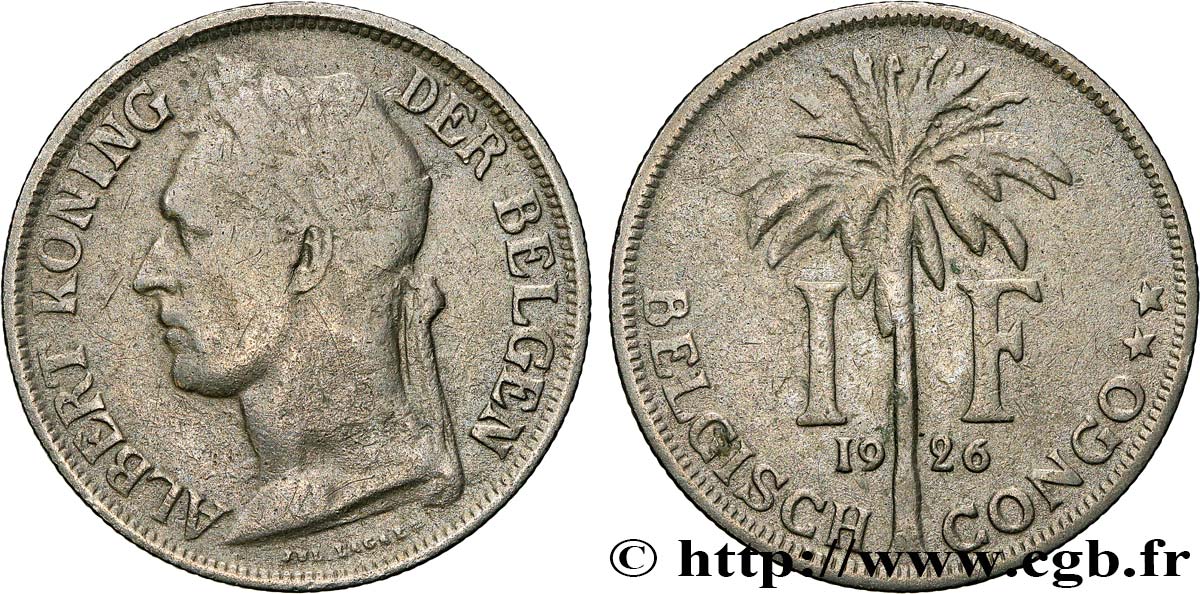 BELGISCH-KONGO 1 Franc roi Albert légende flamande 1926  S 