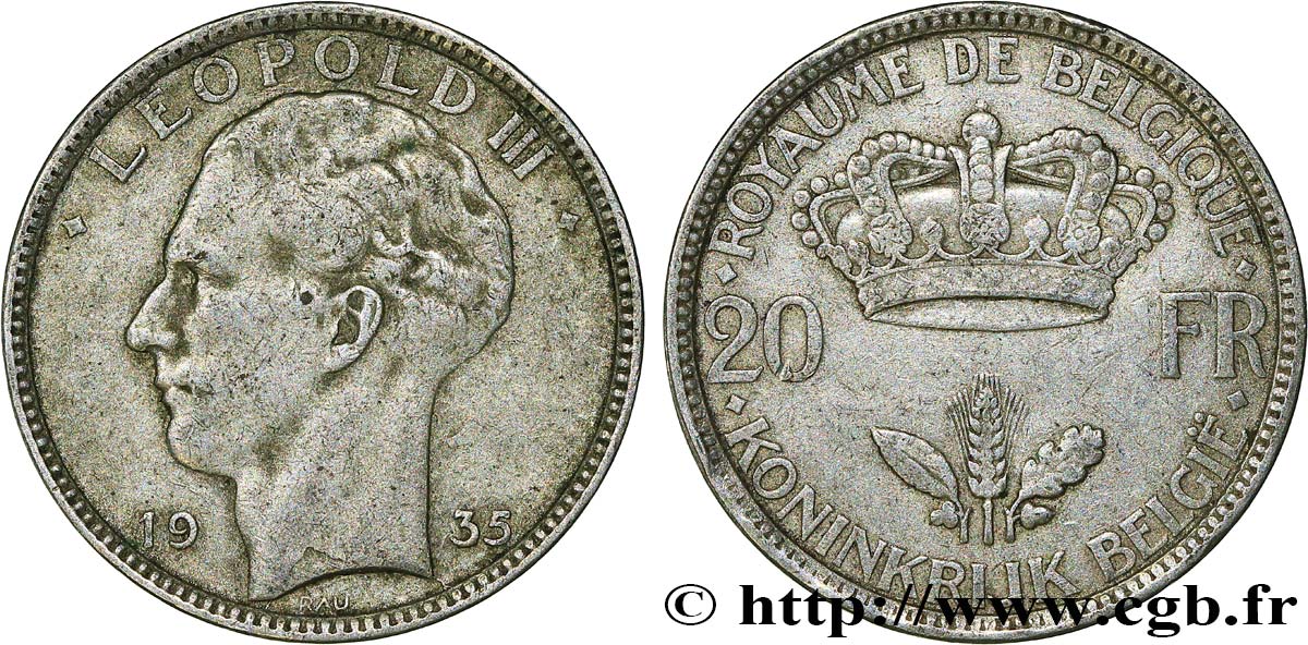 BELGIUM 20 Francs Léopold III 1935  VF 