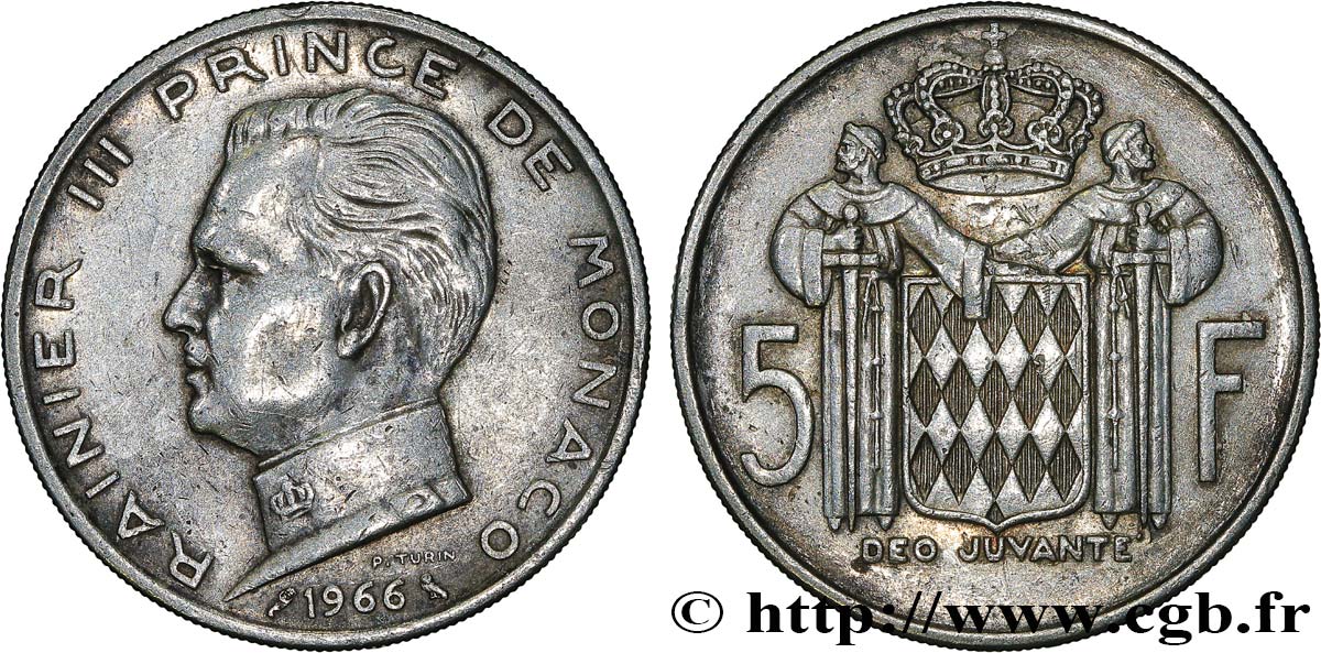 MONACO 5 Francs Prince Rainier III / écu 1966 Paris TTB+ 