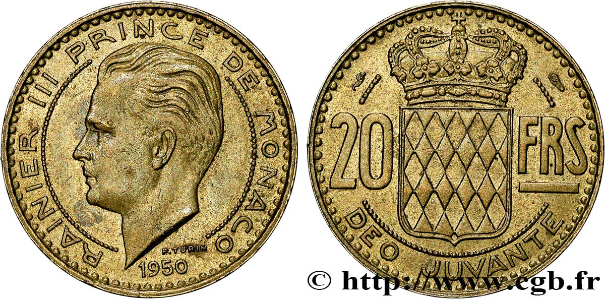 MONACO 20 Francs Rainier III 1950 Paris EBC 