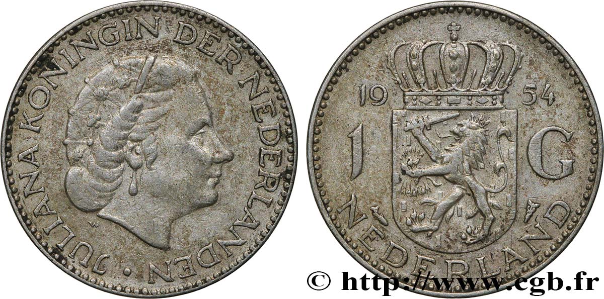 NETHERLANDS 1 Gulden Juliana 1954  AU 