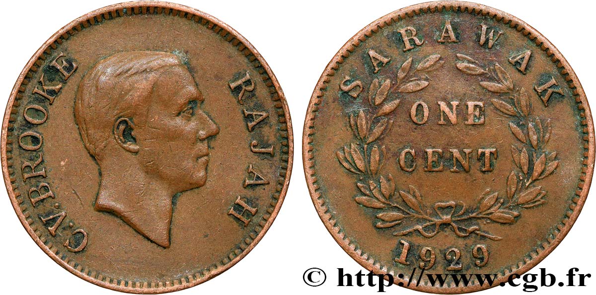SARAWAK 1 Cent Sarawak Rajah C.V. Brooke 1929 Heaton - H fS 
