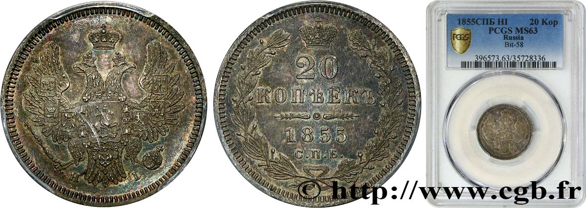 RUSSLAND 20 Kopecks 1855 Saint-Petersbourg fST PCGS