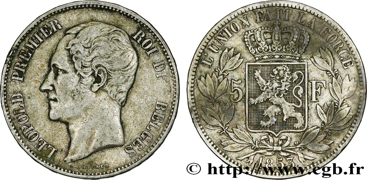 BELGIQUE 5 Francs Léopold Ier tête nue 1853  TTB 