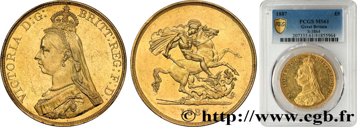 GRANDE BRETAGNE - VICTORIA 5 Pounds (cinq souverains) 1887 Londres SUP61 PCGS