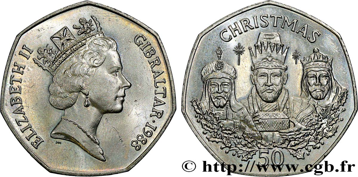 GIBRALTAR 50 Pence Proof Elisabeth II / Noël : les trois rois mages 1988  SC 