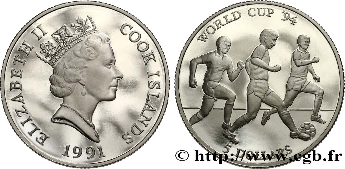 COOK INSELN 5 Dollars Proof FIFA World Cup 1991  ST 