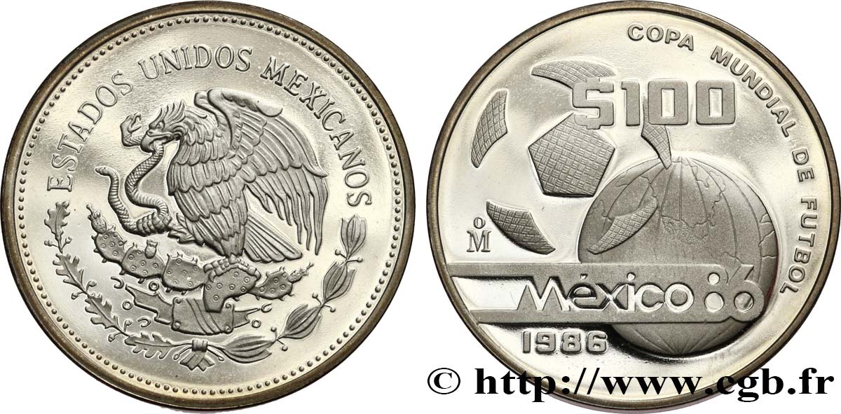 MEXIKO 100 Pesos Proof Coupe du Monde de football 1986  ST 
