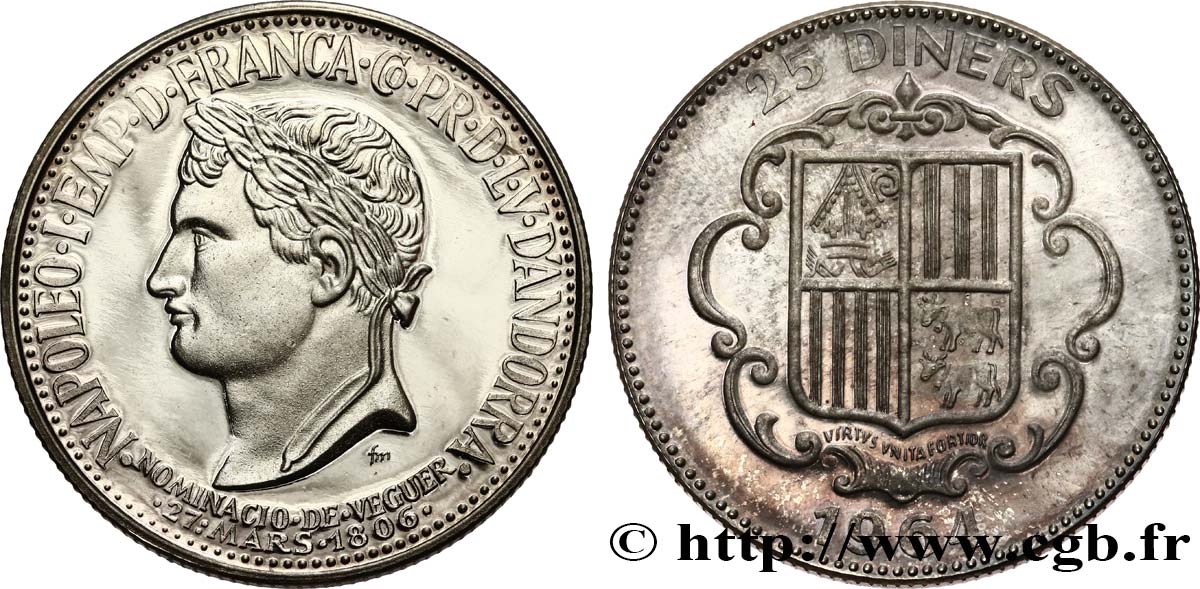 ANDORRA - PRINCIPALITY OF ANDORRA 25 Diners Proof Napoléon Ier 1964  MS 
