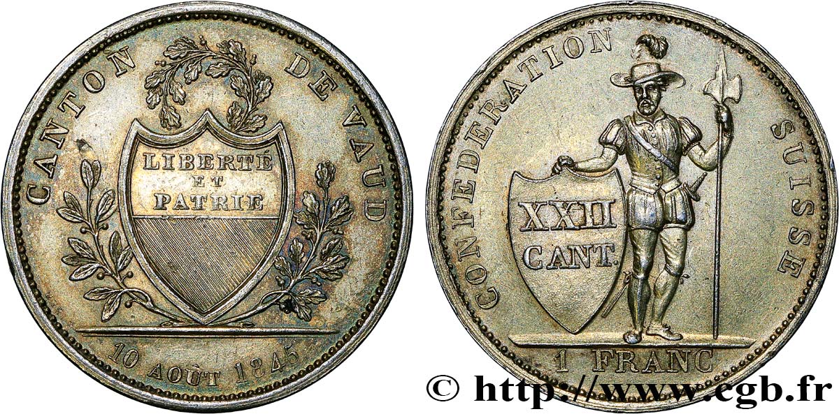 SUISSE - CANTON DE VAUD 1 Franc avec dorure 1845 Lausanne SUP 