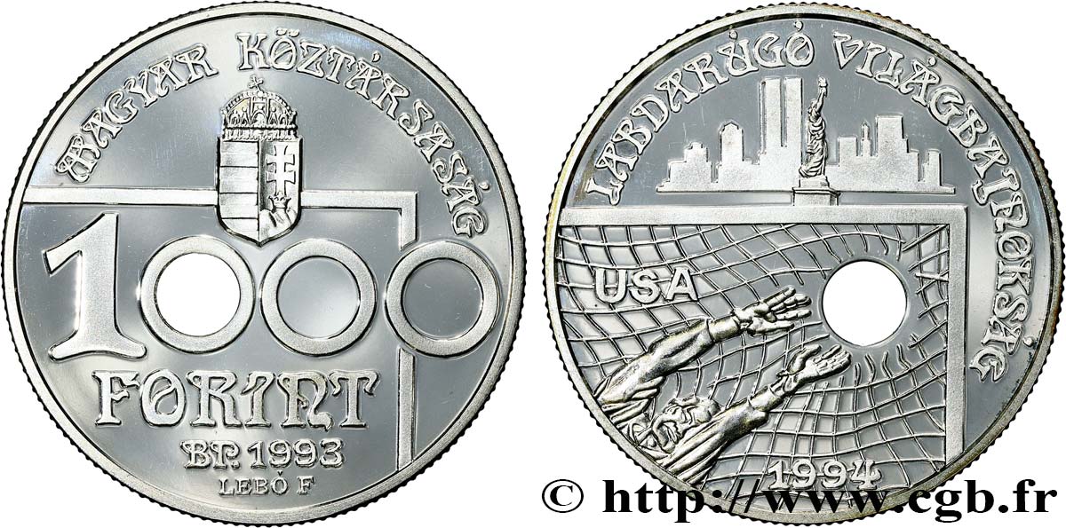 HONGRIE 1000 Forint Proof Coupe du monde de foot 1993 Budapest BE 