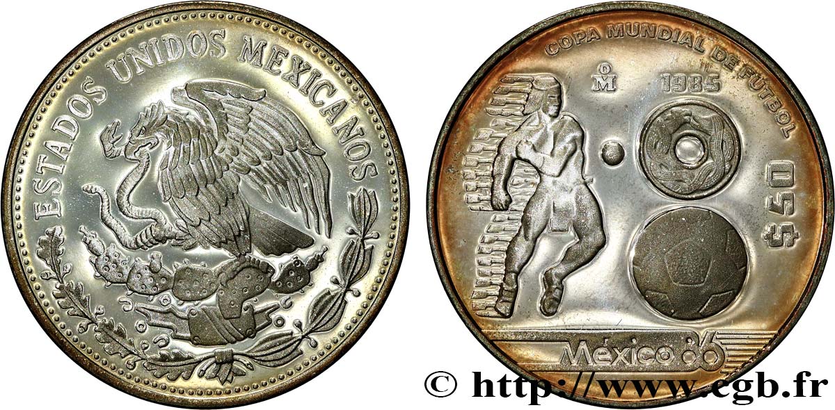 MEXIQUE 50 Pesos Proof Coupe du Monde de football 1985  BE 