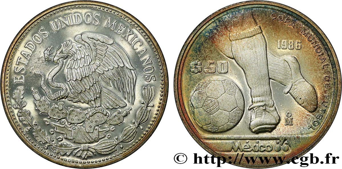 MEXIQUE 50 Pesos Proof Coupe du Monde de football  1985  BE 