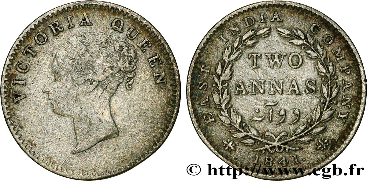 INDES BRITANNIQUES 2 Annas East India Company Victoria 1841 Calcutta TTB 