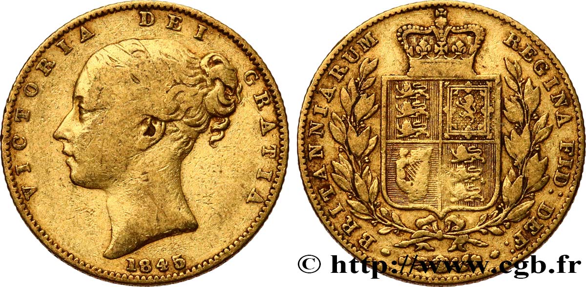 ROYAUME-UNI 1 Souverain Victoria buste jeune 1845 Londres TB+ 