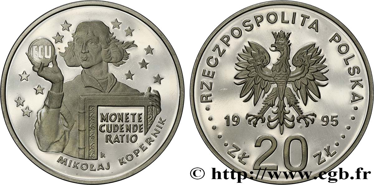 POLONIA 20 Zlotych proof Nicolas Copernic tenant l’ECU 1995 Varsovie BE 