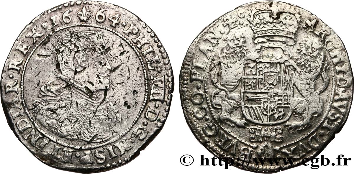 SPANISH NETHERLANDS - COUNTY OF FLANDERS - PHILIP IV 1 Ducaton 1664 Bruges VF 